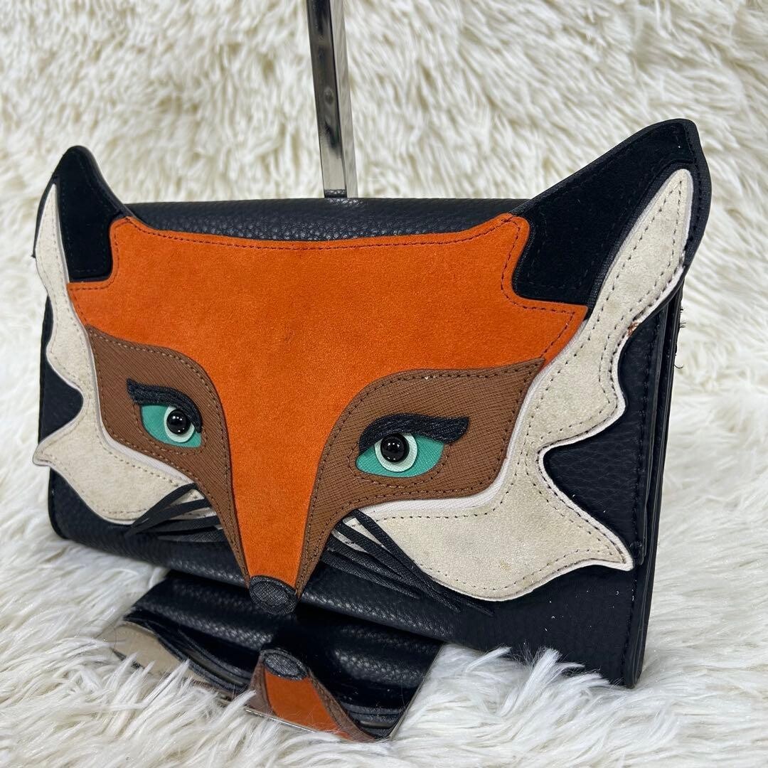 Kate Spade Fox Clutch Bag Suede Leather Animal Print Black Orange Brown 26cm