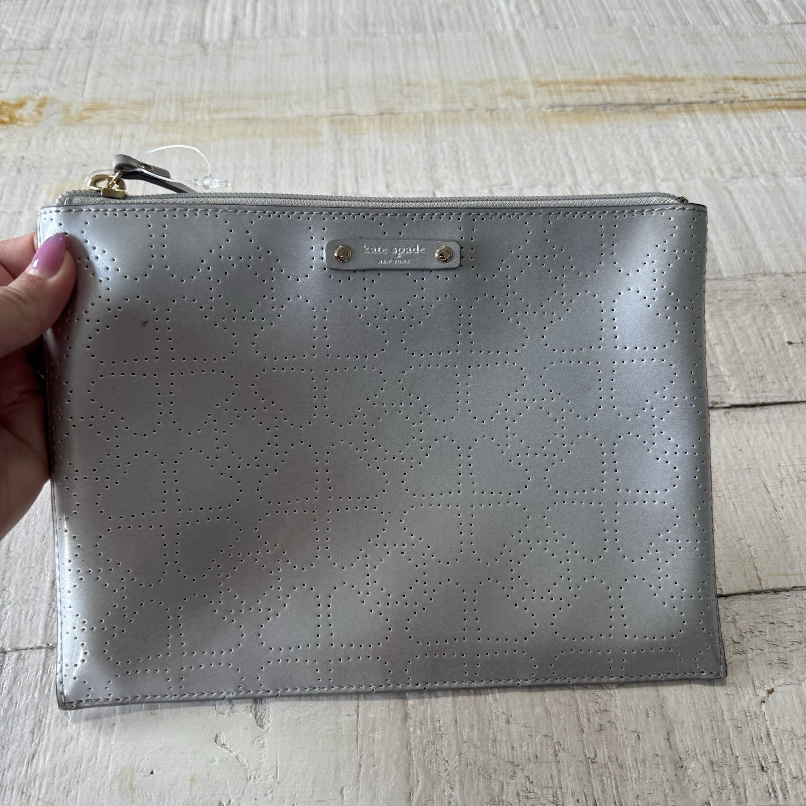 Kate Spade Metro Spade Pouch Silver Perforated Large Clutch Zip Close