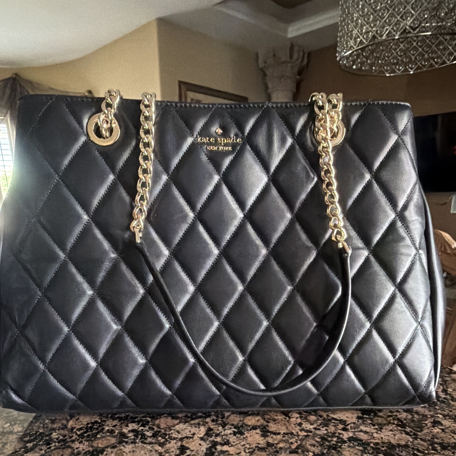 Kate Spade New York Black Quilted Tote Shoulder Bag Zip Gold Chain Straps