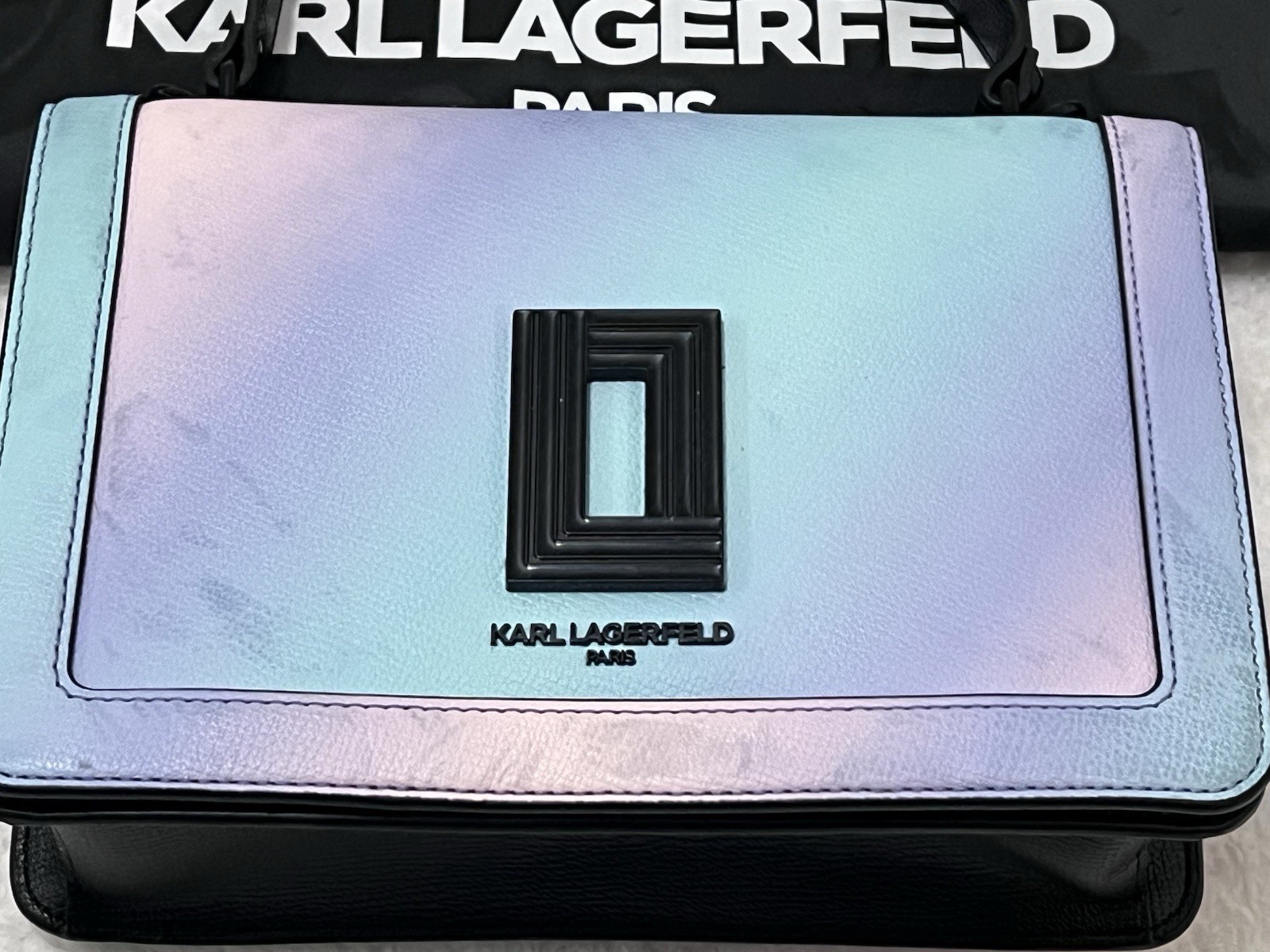 KARL LAGERFELD Simone Front Flap Crossbody Iridescent Dust Bag Logo Coin Purse