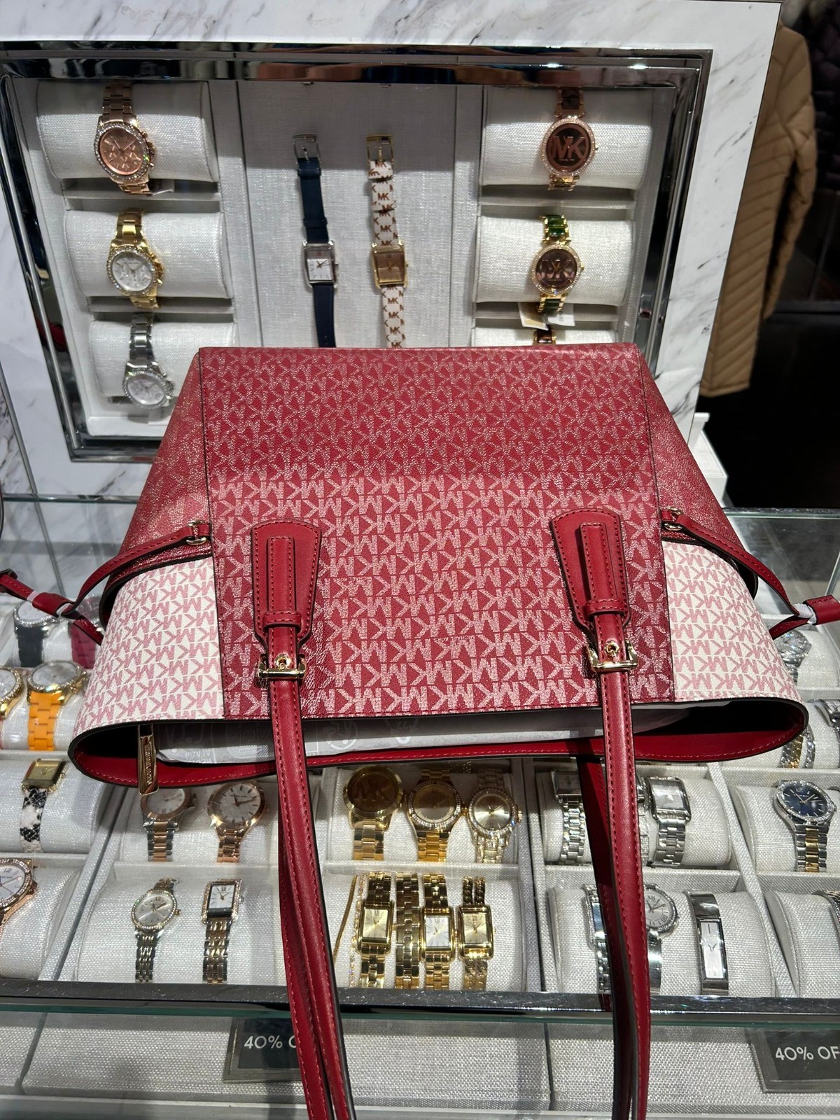 Michael Kors Voyager Large MK Signature Handbag Shoulder Tote Bag Cherry Purse