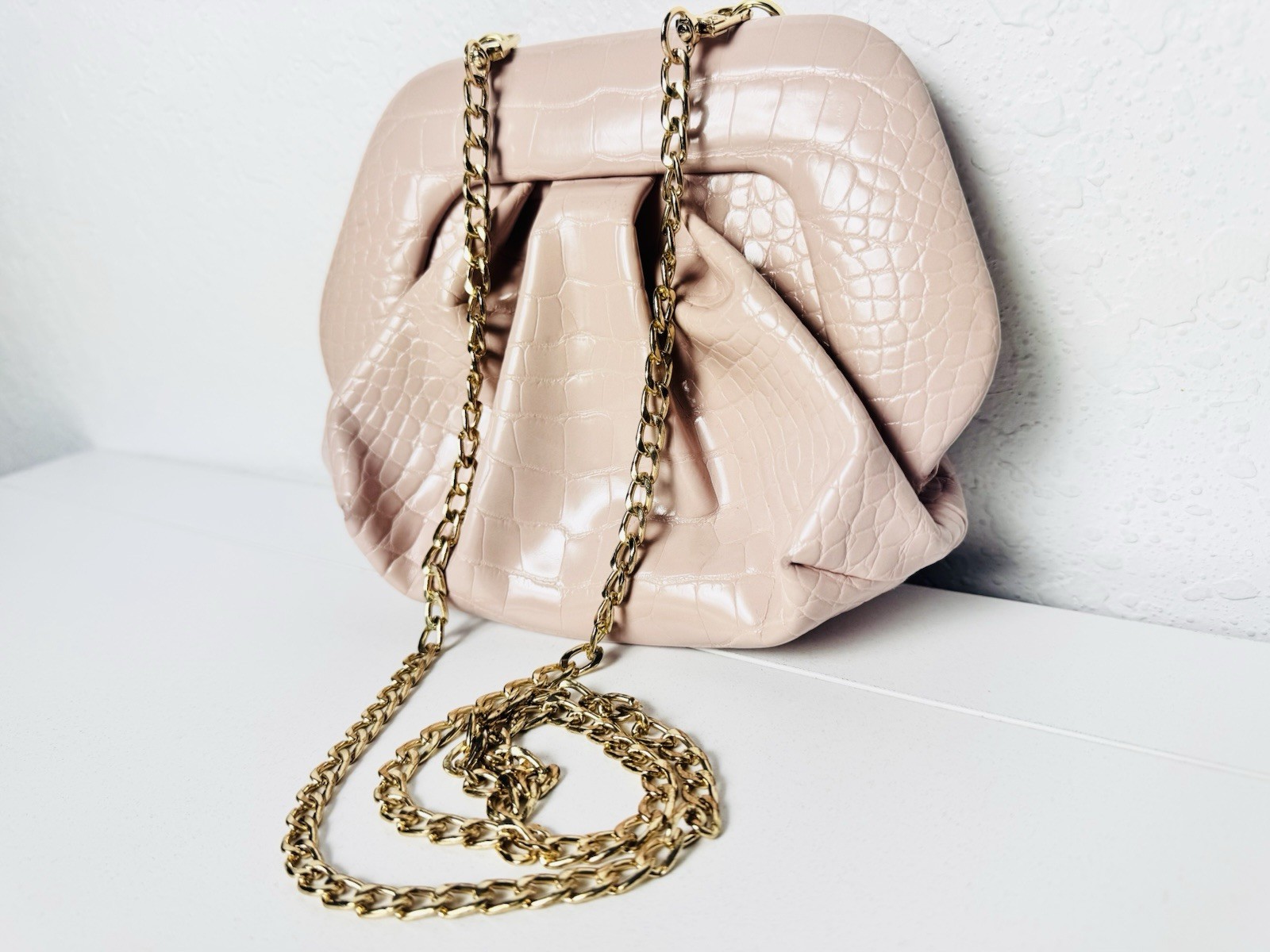 TheMoire Mini Gea Pink Faux Snakeskin Crocodile Effect Bag Gold Chain Clutch