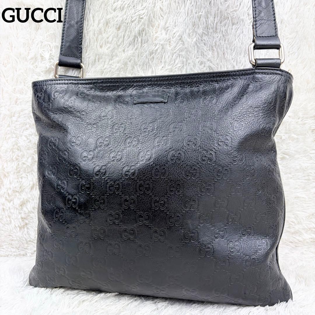 Authentic GUCCI Shima Shoulder Bag Black Leather 30cm x 33cm Adjustable Strap