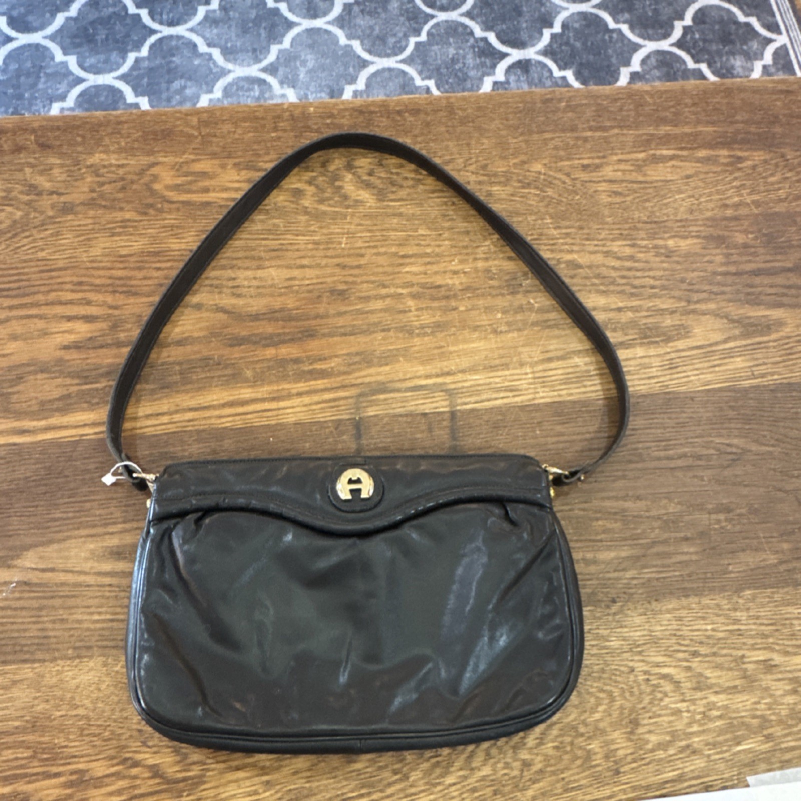 Etienne Aigner Black Shoulder Bag Gold Logo Hardware Brand Card