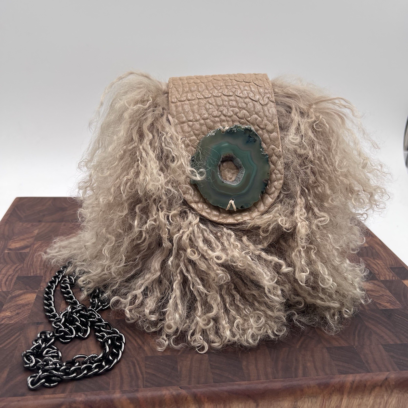 Evoke Real Lamb Mongolian Curly Fur Leather Purse Agate Stone Crossbody Chain