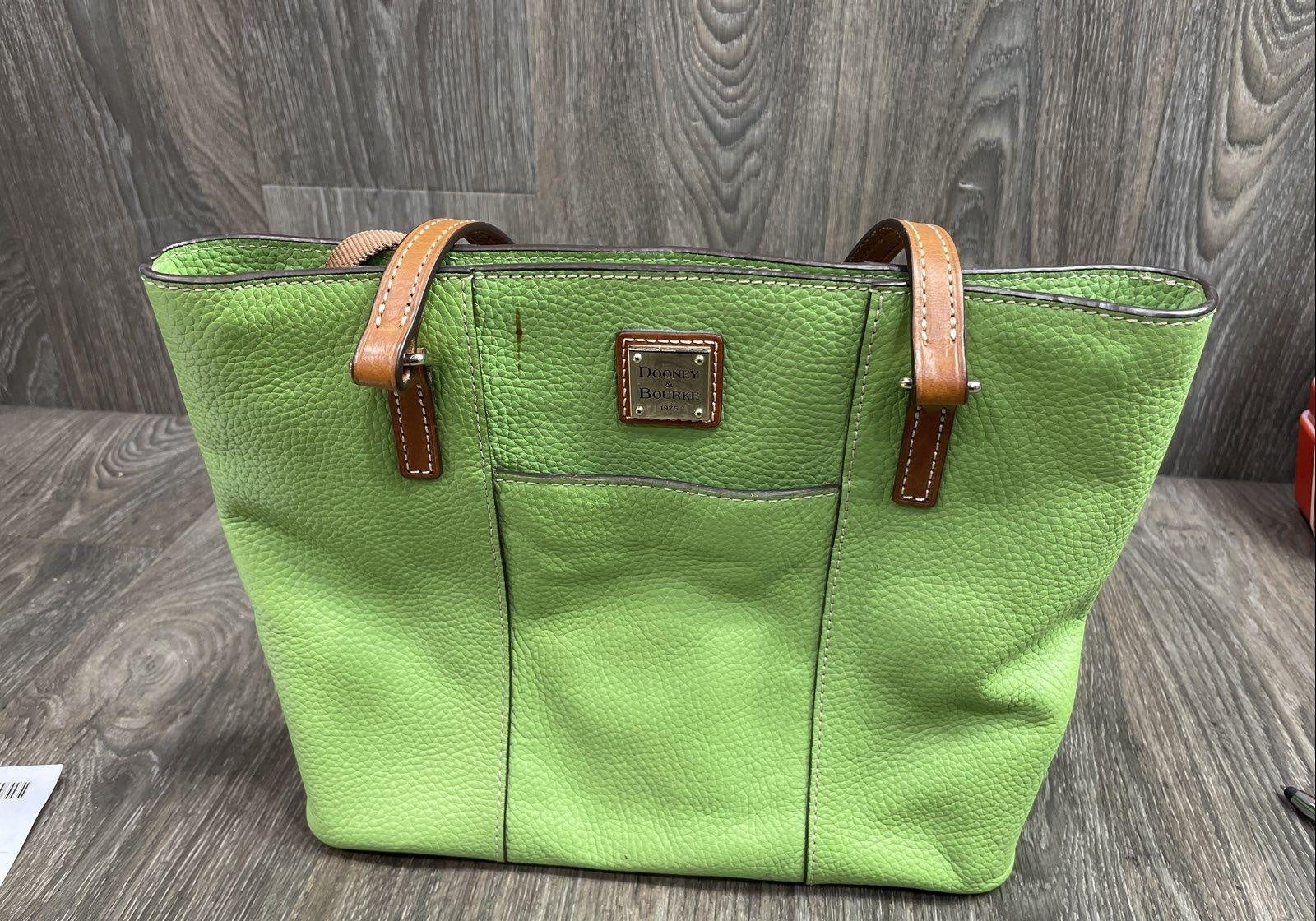 Dooney and Bourke Lime Green Pebbled Leather Tote Bag with Tan Leather Trim