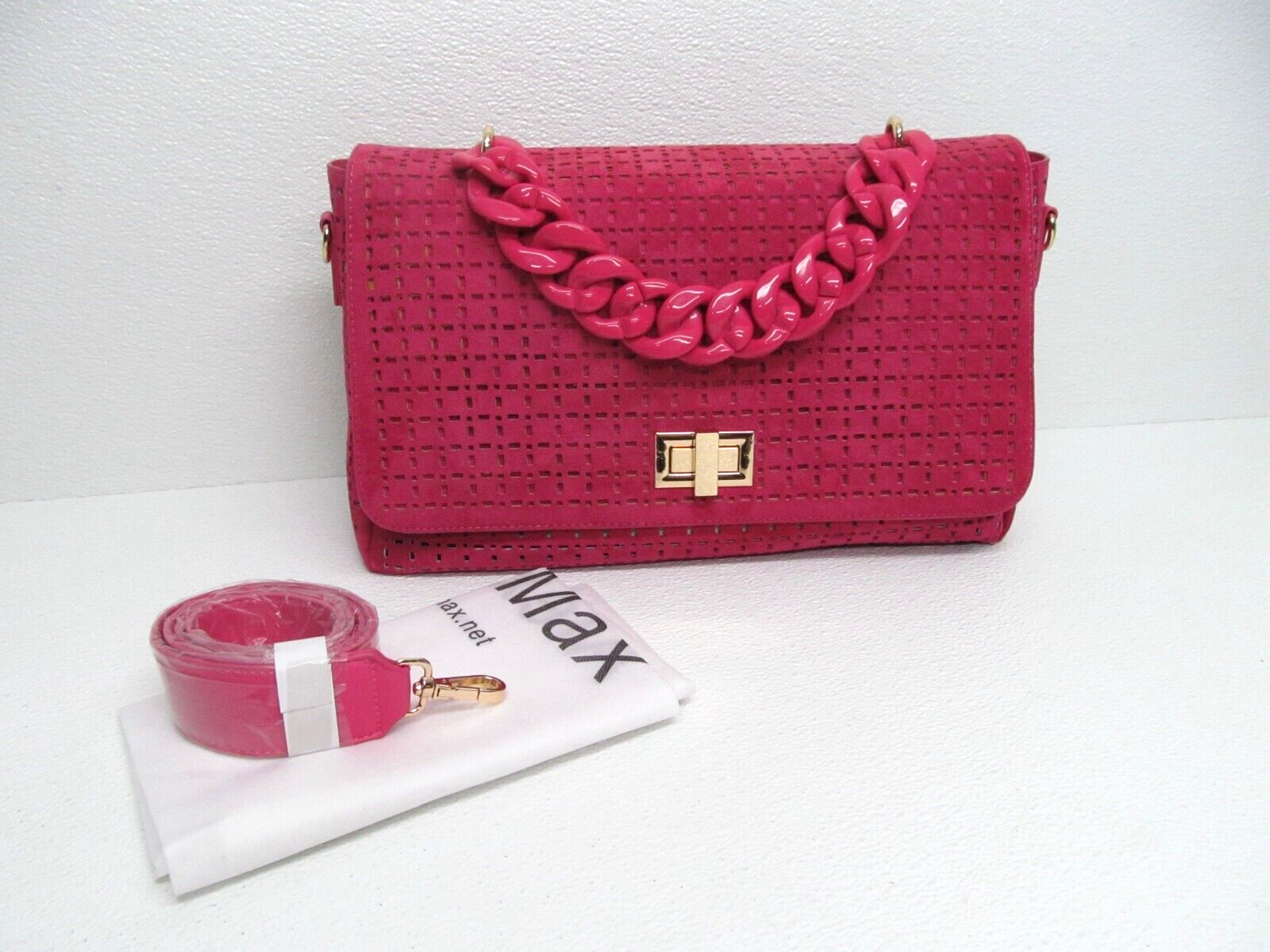 Alex Max Design Handbag Pink Fuchsia Faux Suede Cut-Out Chain Strap rare