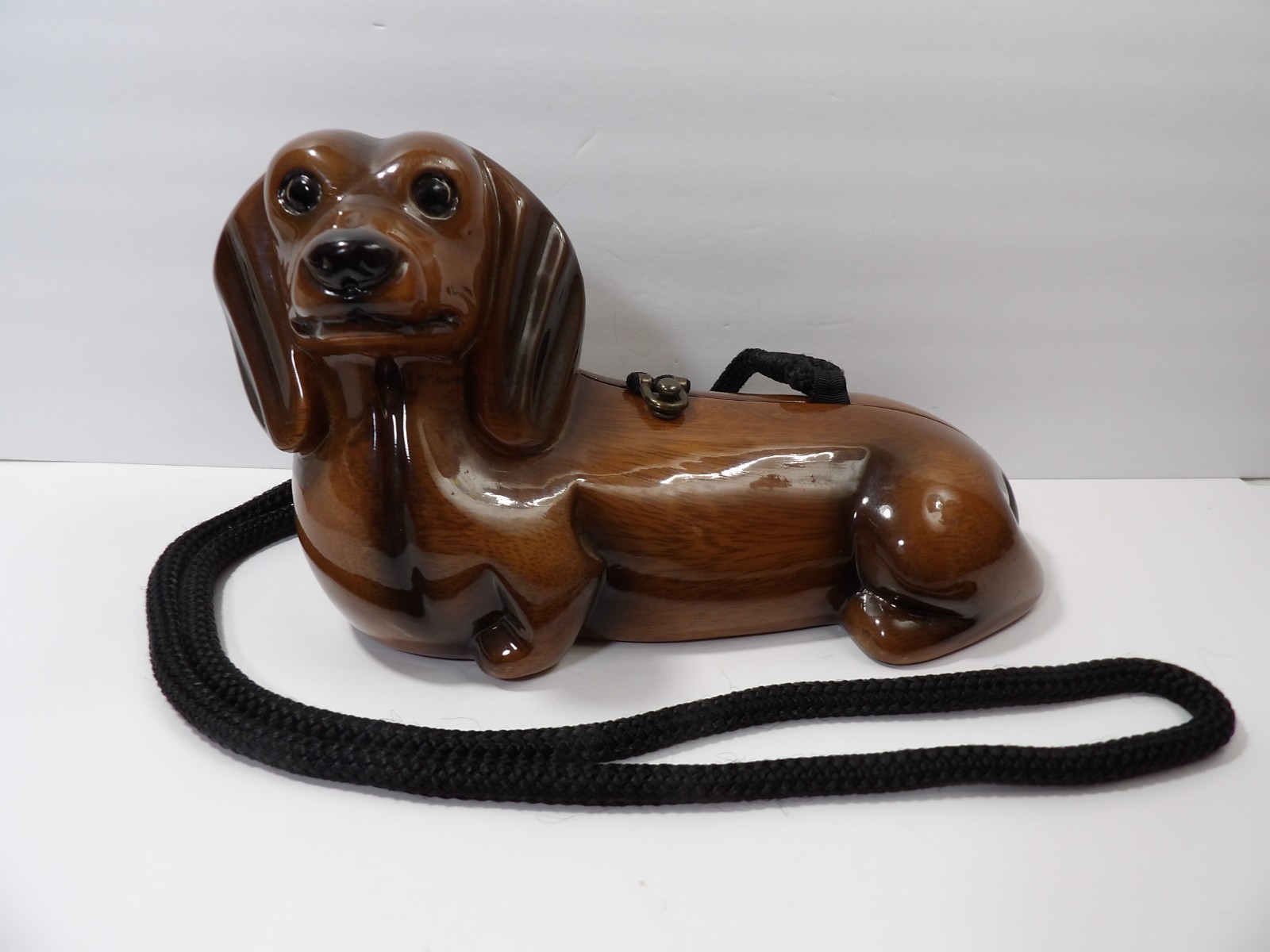 Signed Timmy Woods Hand Carved Acacia Wood Dachshund Doxie Dog Handbag Purse
