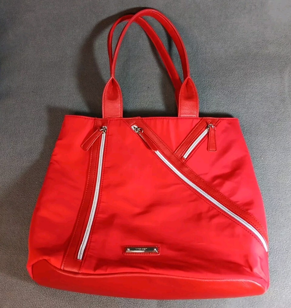 Nine West handbag Red Zipper Tote Purse 6-Pocket Snap Lock Closure 13″x13″x5″