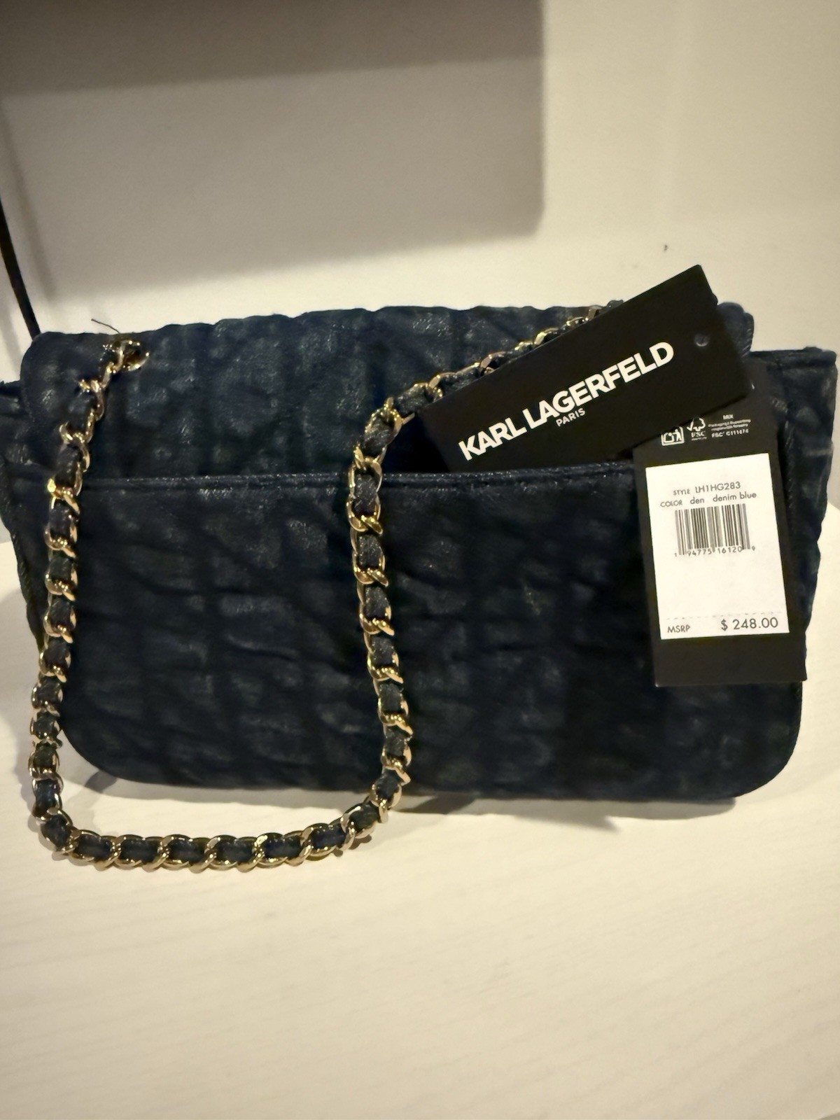 KARL LAGERFELD PARIS Blue AGYNESS Quilted DENIM Flap TURN LOCK Shoulder BAG NWT