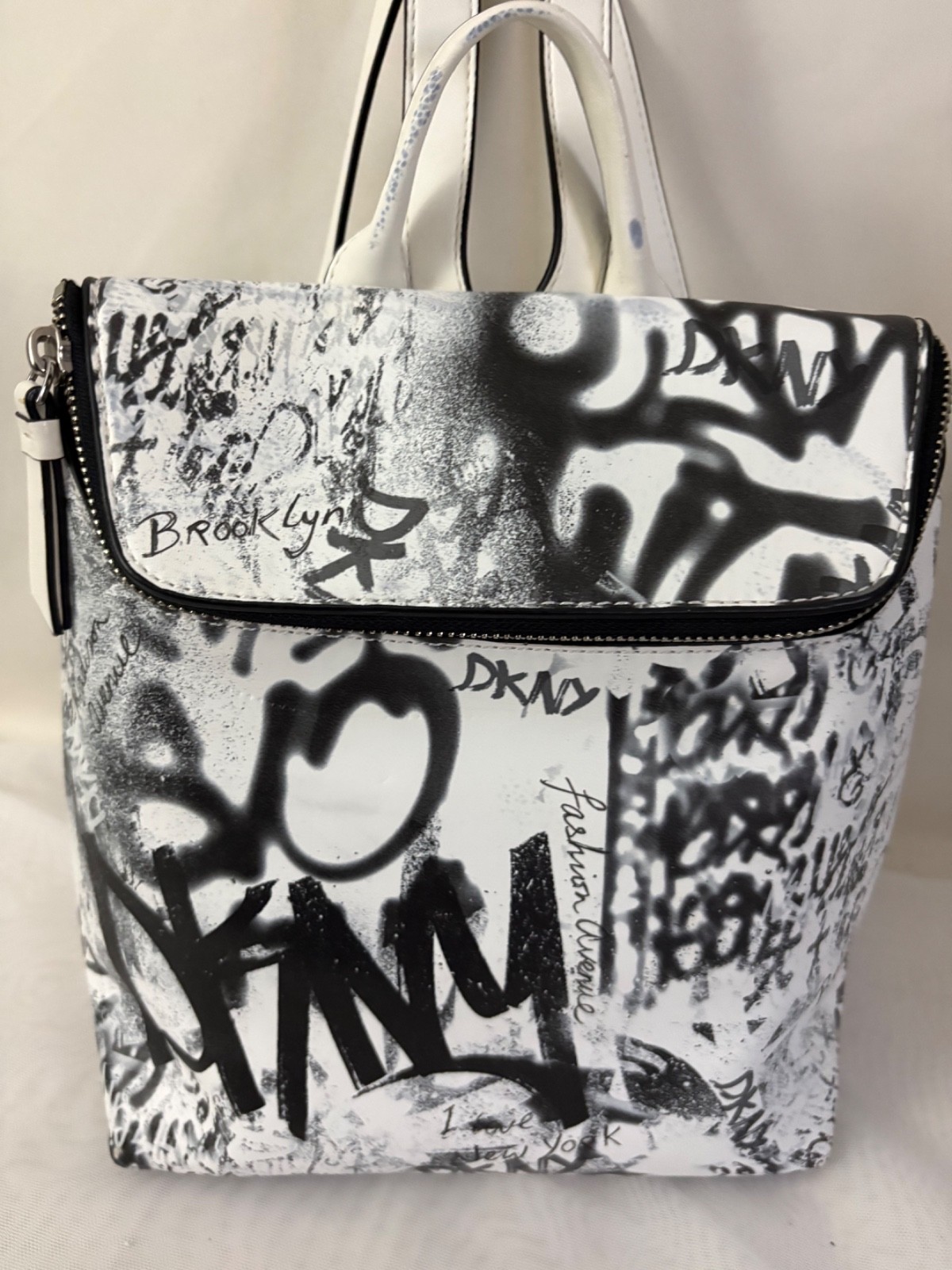 DKNY Graffiti Backpack Black White Zip Around Top Handle 100% PU Streetwear Punk