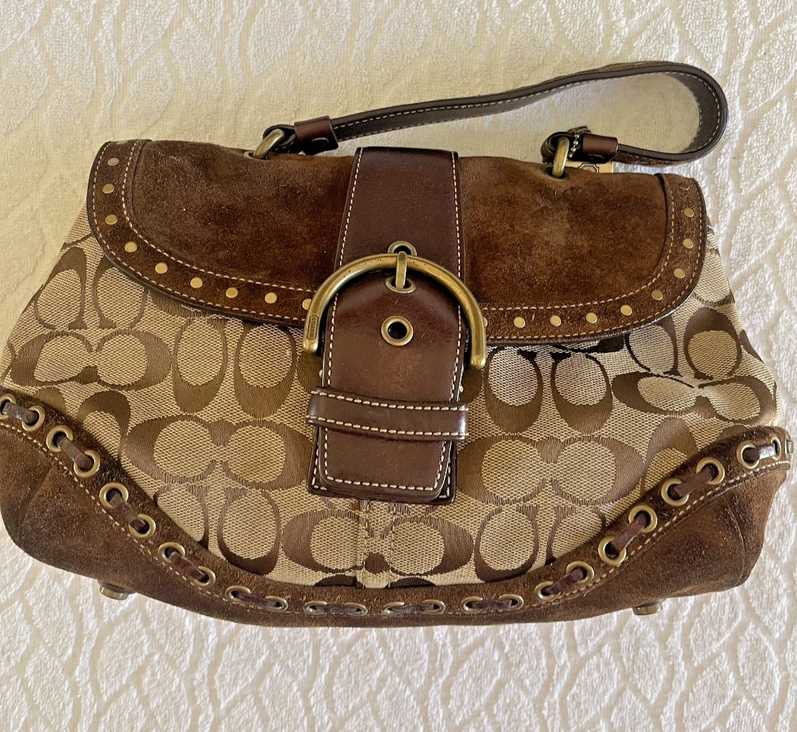 COACH Soho Signature Buckle Flat Handbag Brown Suede Studded details & a Bow