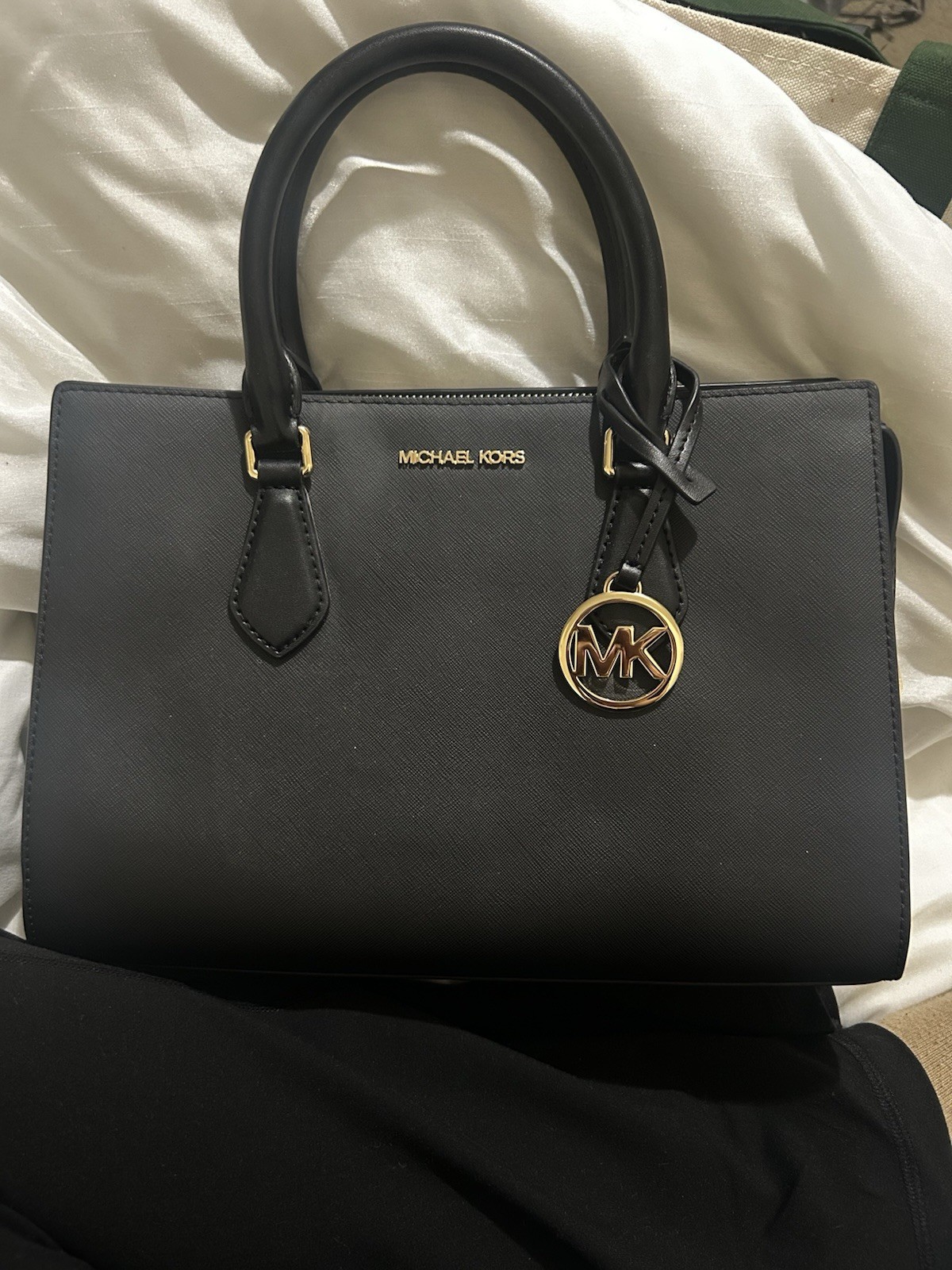 Michael Kors Black Satchel Top Handle Bag Double Handles Gold Hardware MK Charm