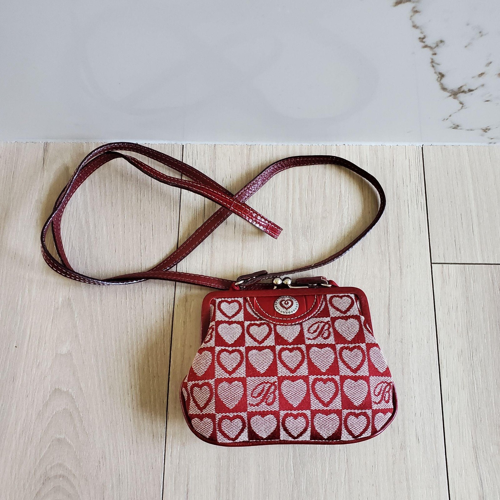 Vintage Brighton Crossbody Bag Red Heart Jacquard Leather Kisslock Mini Purse