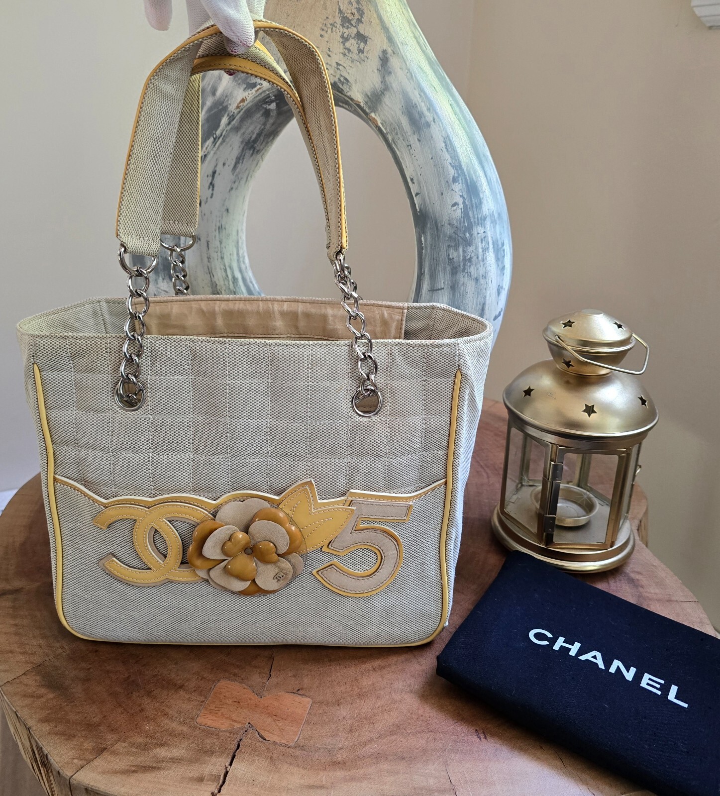 Authentic Chanel Chocolate Bar Camellia N5 in Cream and yellow leather accents
