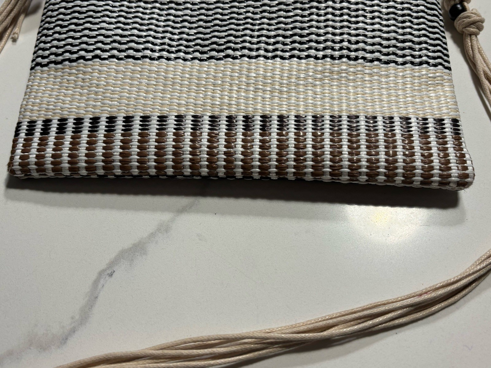 SUN ‘N’ SAND Beige White Black STRIPED Beaded POLY CANVAS CROSSBODY PURSE