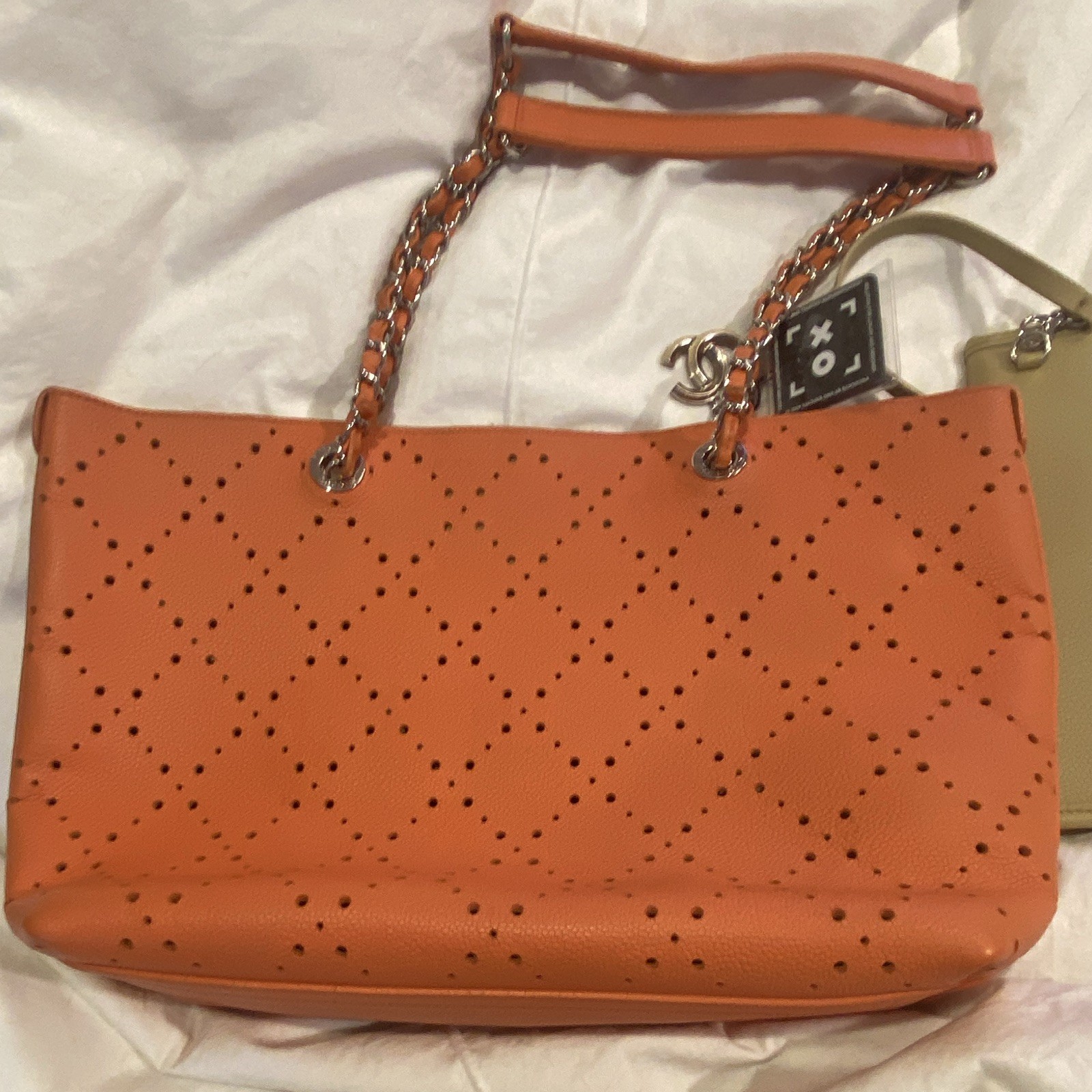 Orange Perforated Tote/Shoulder Bag w/ Pouch and Silver Hardware