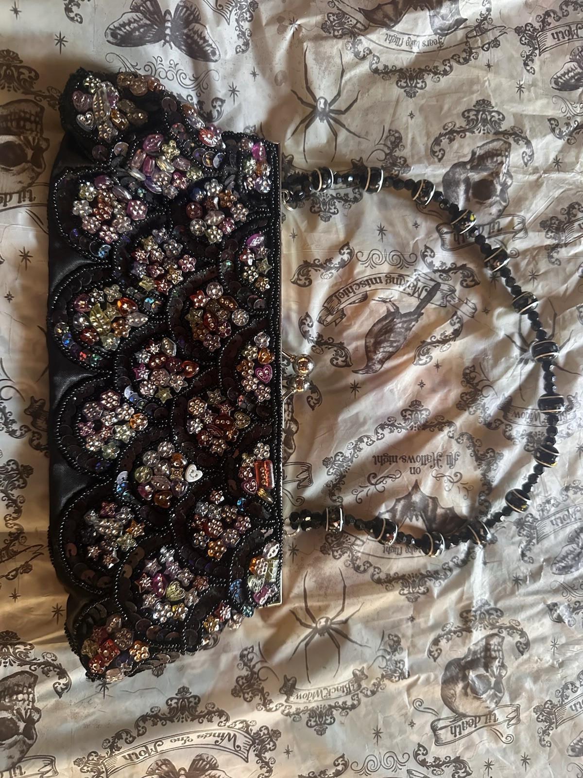 MAX MAYER Women’s Small Black Floral Beaded Sequin Rhinestone Clutch Strap
