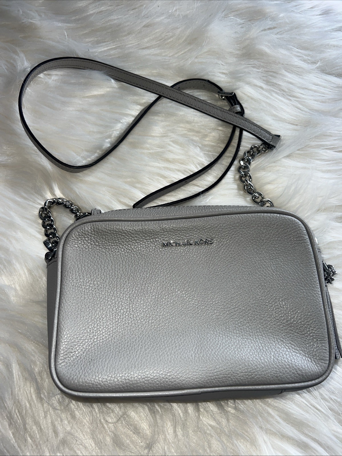 Gently Loved Gray Michael Kors Leather Cross Body Handbag With Matching Wallet