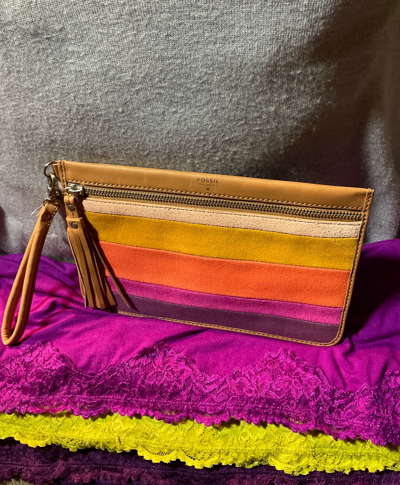 Fossil Tan Multi-Color Stripe Canvas & Suede Leather Trim Tassel Zip Wristlet