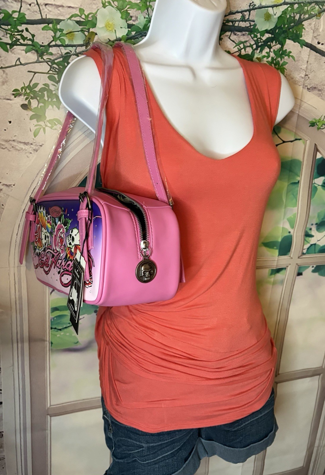 Ed Hardy Pink Satchel Bag Adjustable Straps Skull Flowers Rhinestone Y2K NWT $80