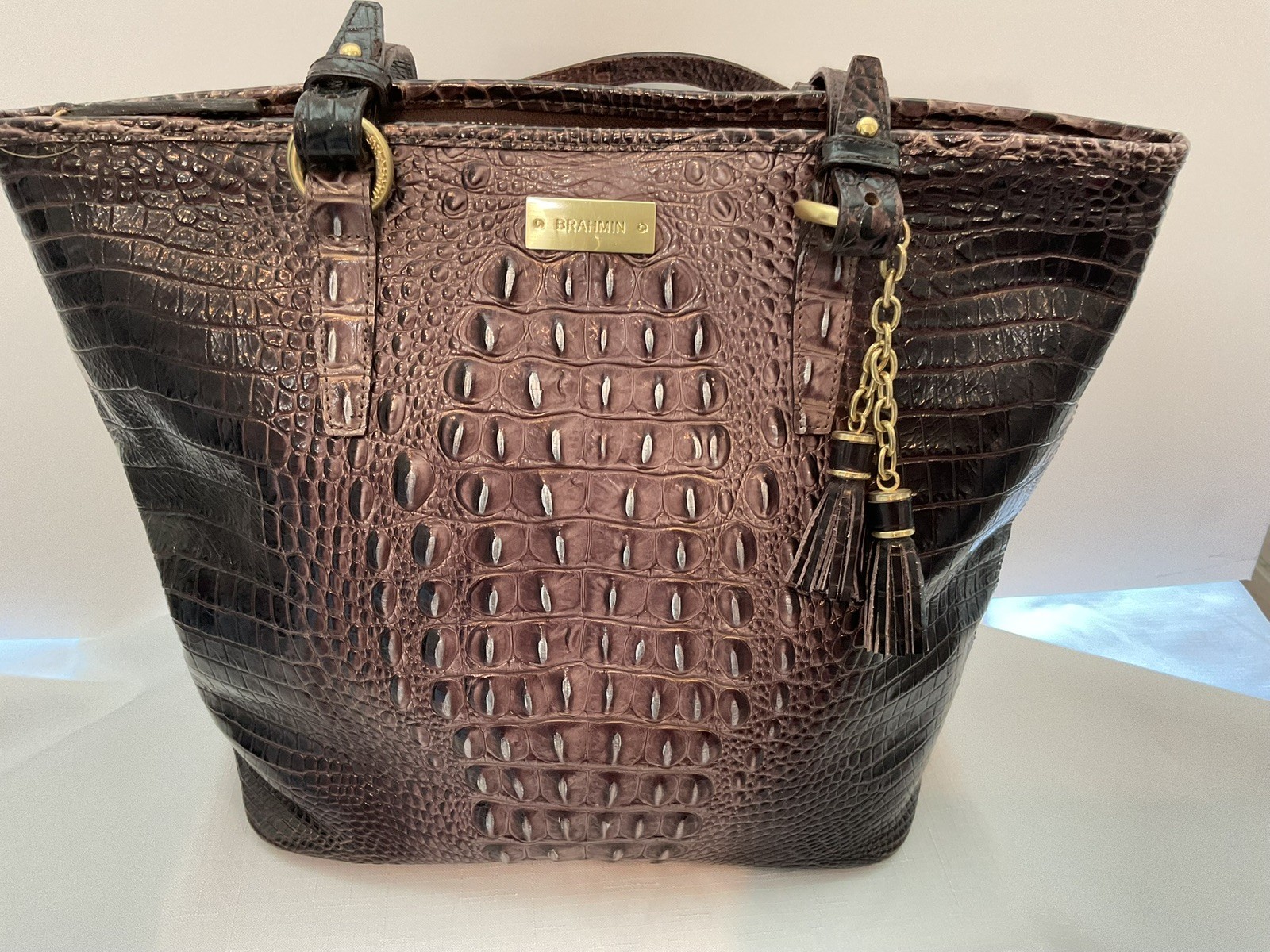 Brahmin Dark Brown/ Lilac Croc Embossed Leather Handbag