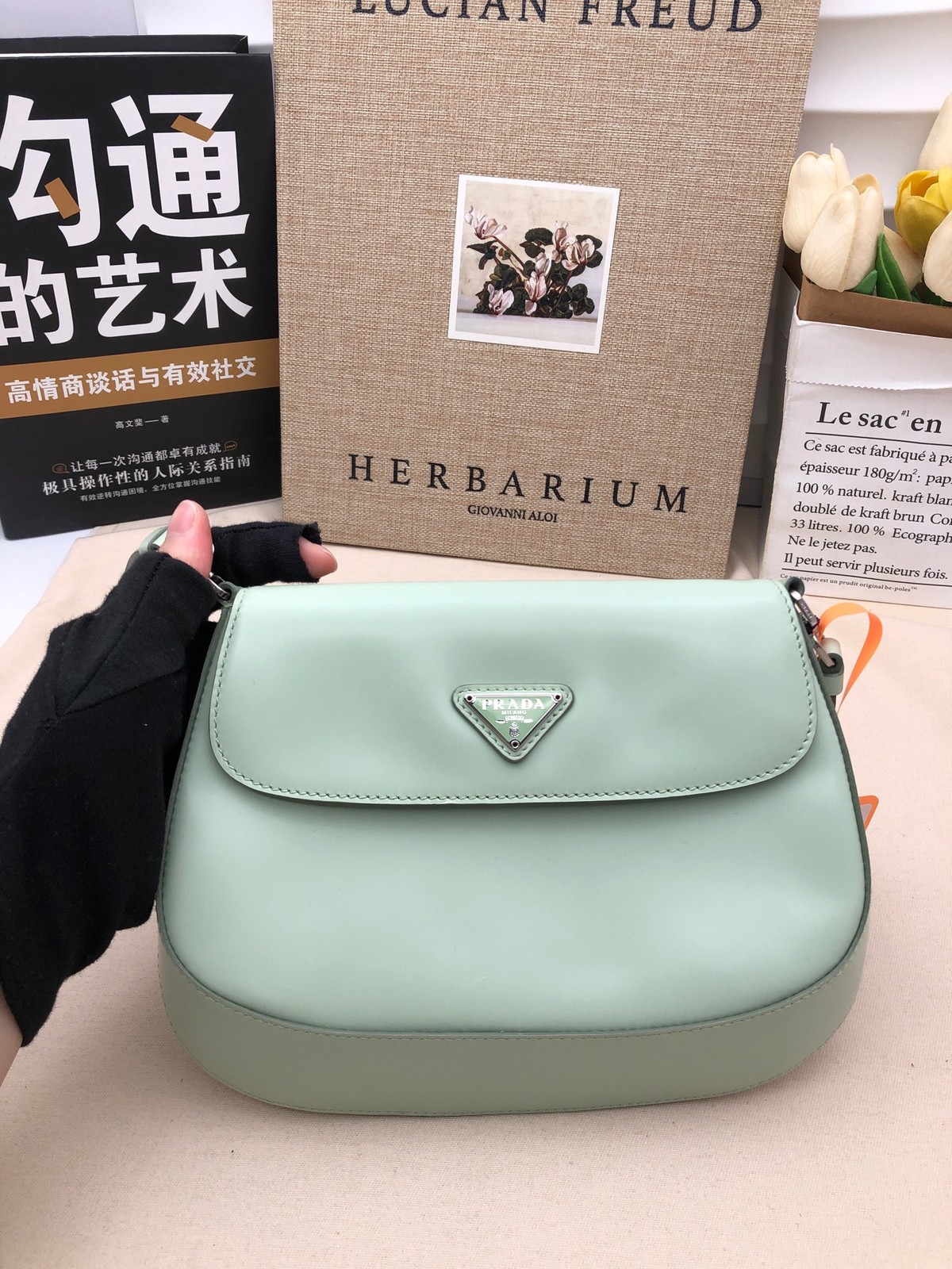 Prada Cleo Mint Green Flap Shoulder Hobo Bag Small Calfskin Leather Auth