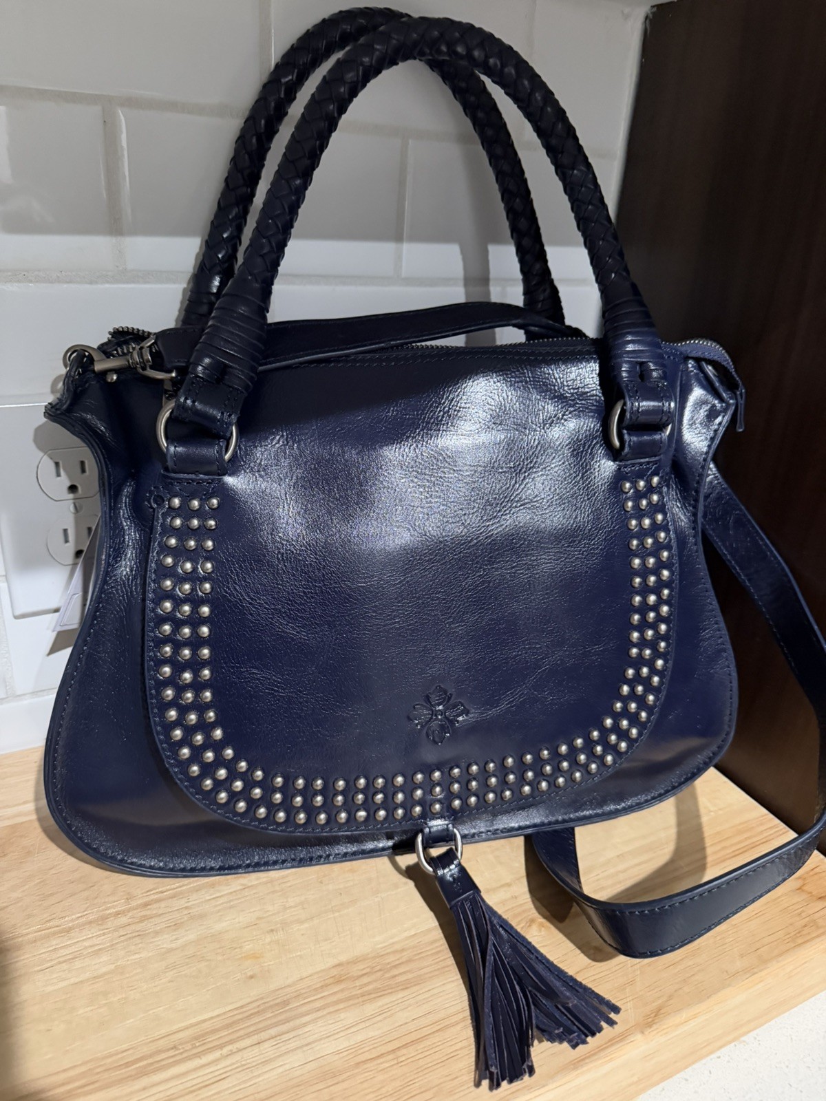 Patricia Nash Discovery Vernazz Leather Flap Satchel Navy