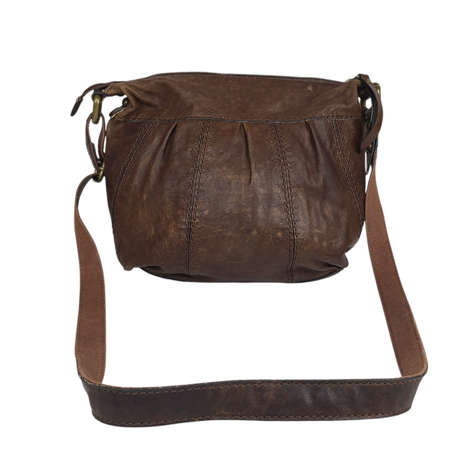Fossil Brown Leather Crossbody Bag Pleated Floral & Stitching Details