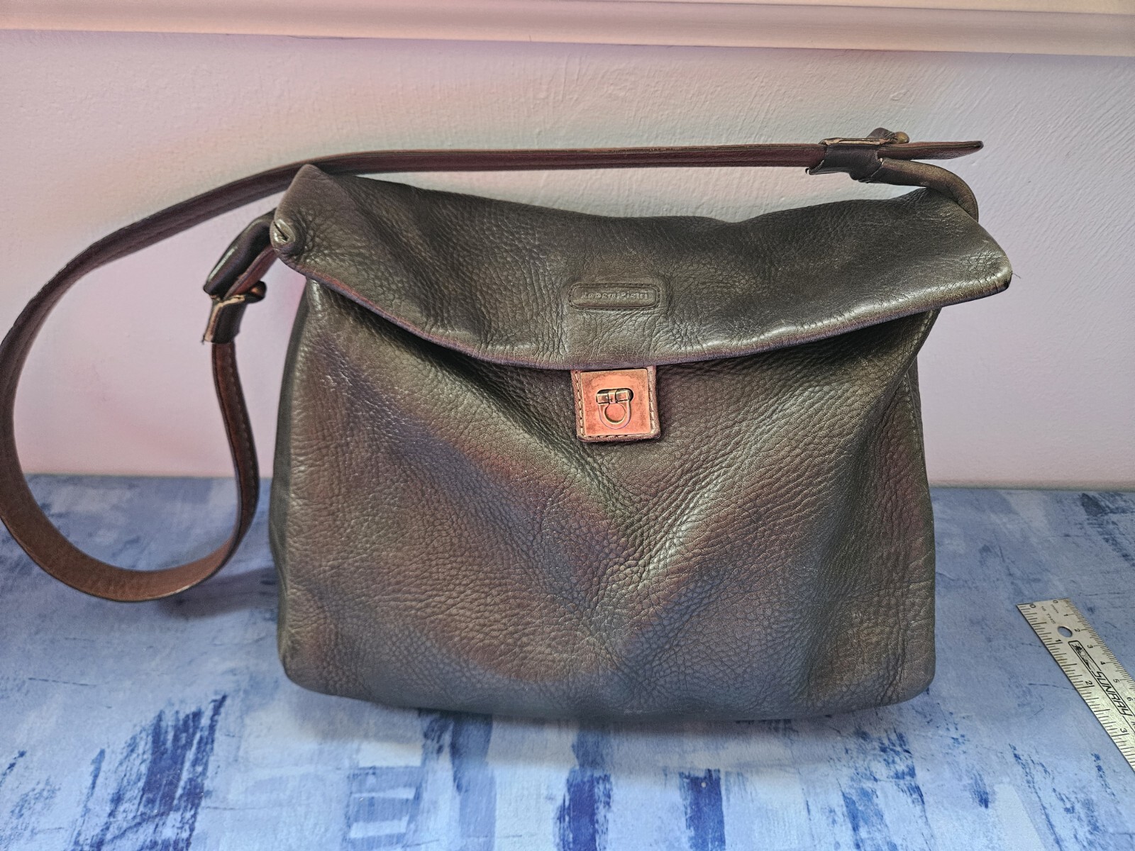Robert Pietri Womens Shoulder Purse Gray Mottled Color Brown Strap Leather