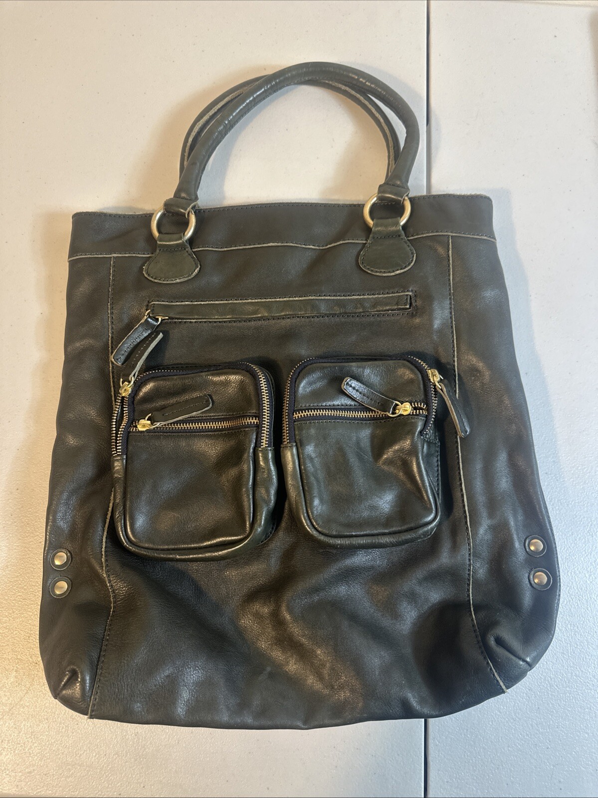 J.CREW Leather Jericho Large Olive Soft Leather Boho Tote Bag Purse Top Handle