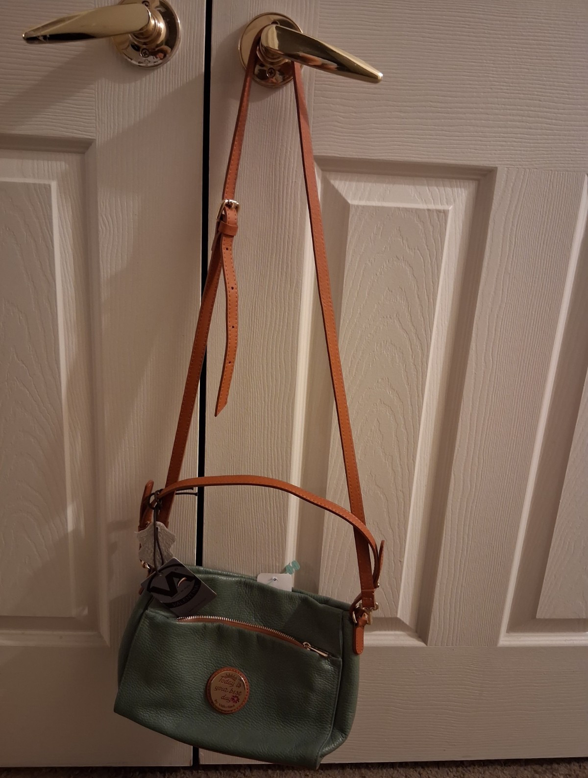 Valentina Green Pebbled Crossbody Bag Zip Closure Adjustable Strap Gold Small