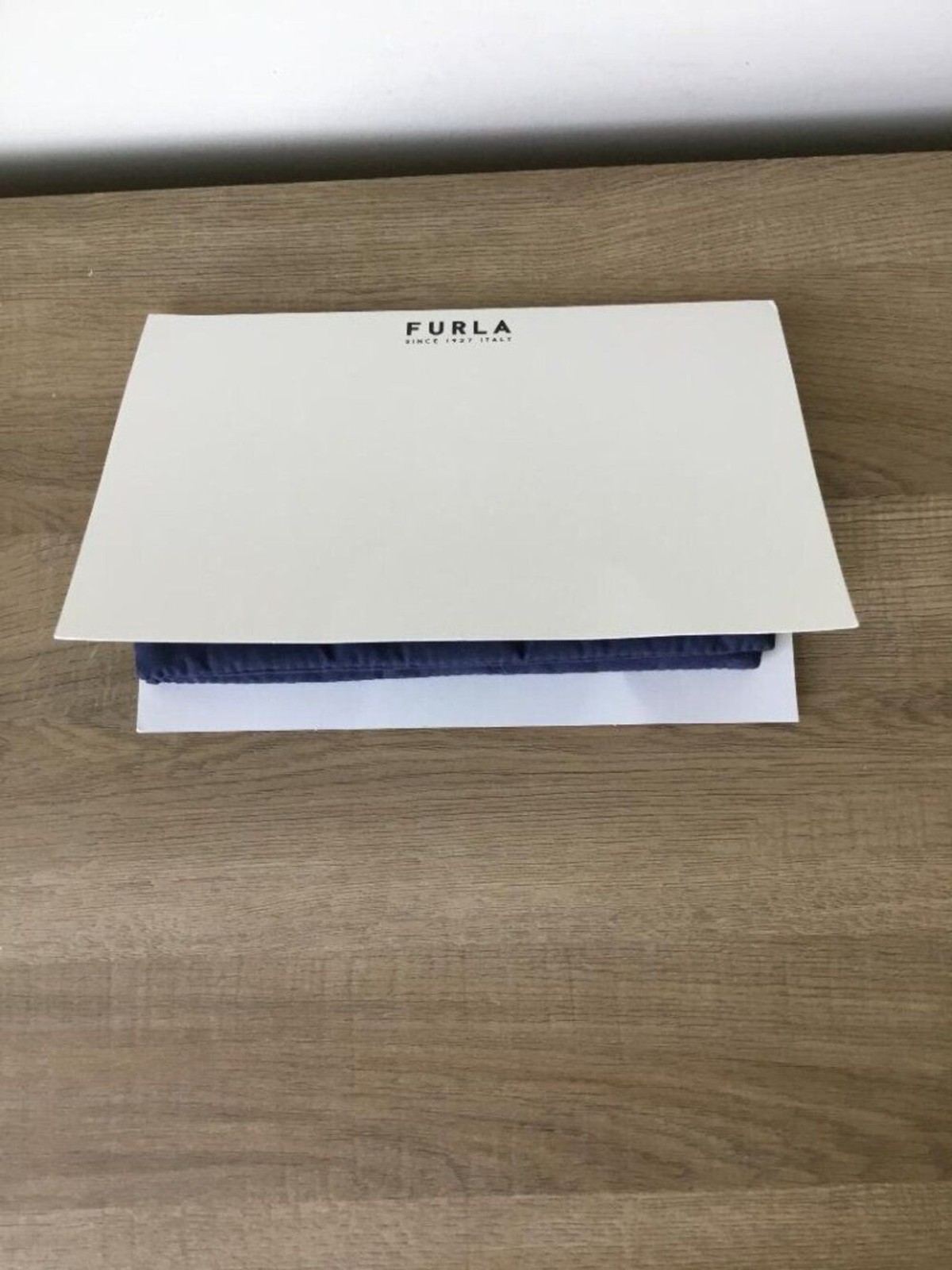 Furla Navy Blue Nylon Clutch Gold Metal “Arch” Logo on Front, Snap Closure NWOT