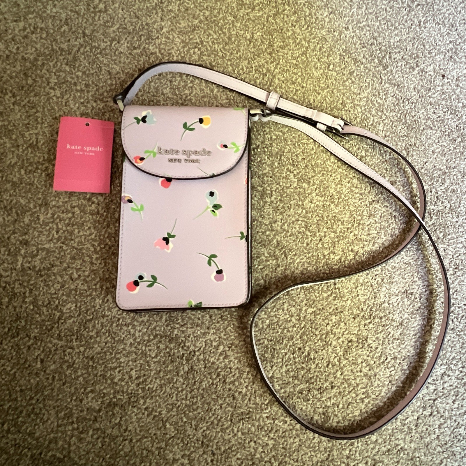 Kate Spade New York Floral Phone Crossbody Purple Snap Flap Silver Hardware