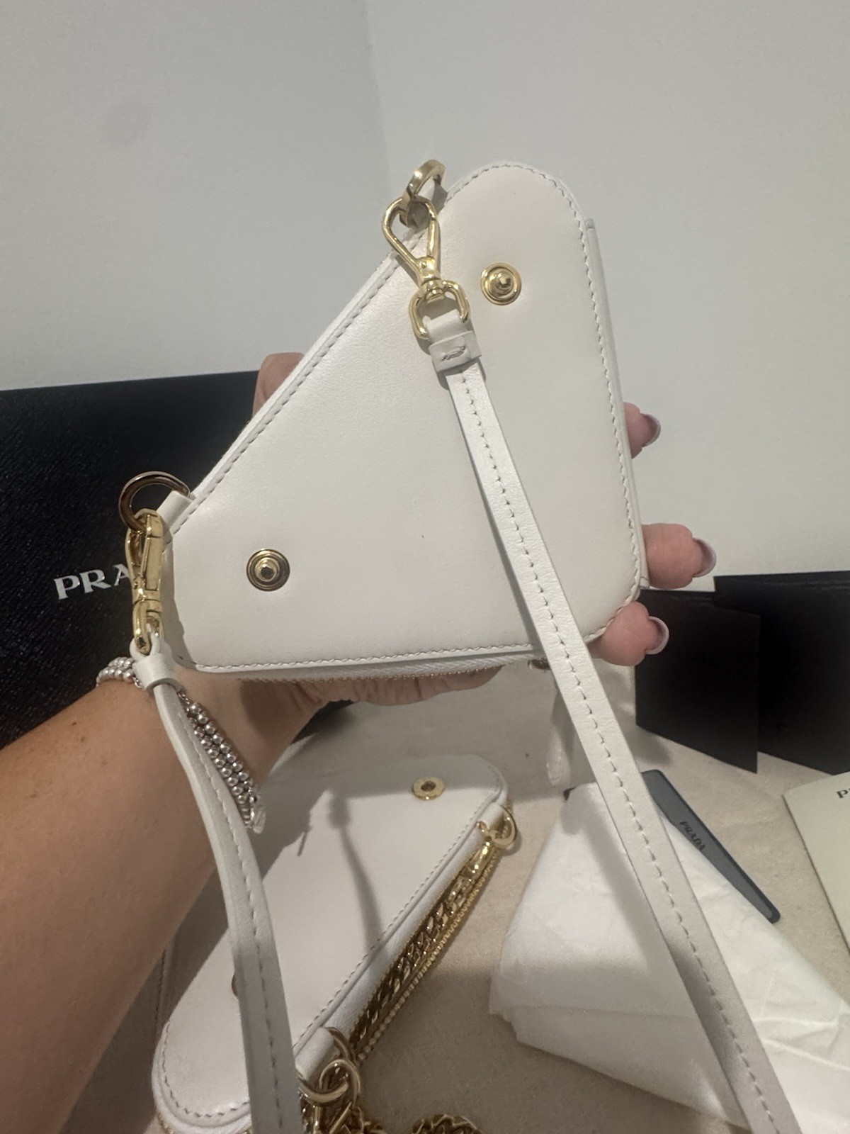 Prada Double Triangle Crochet White Bag With Two Straps