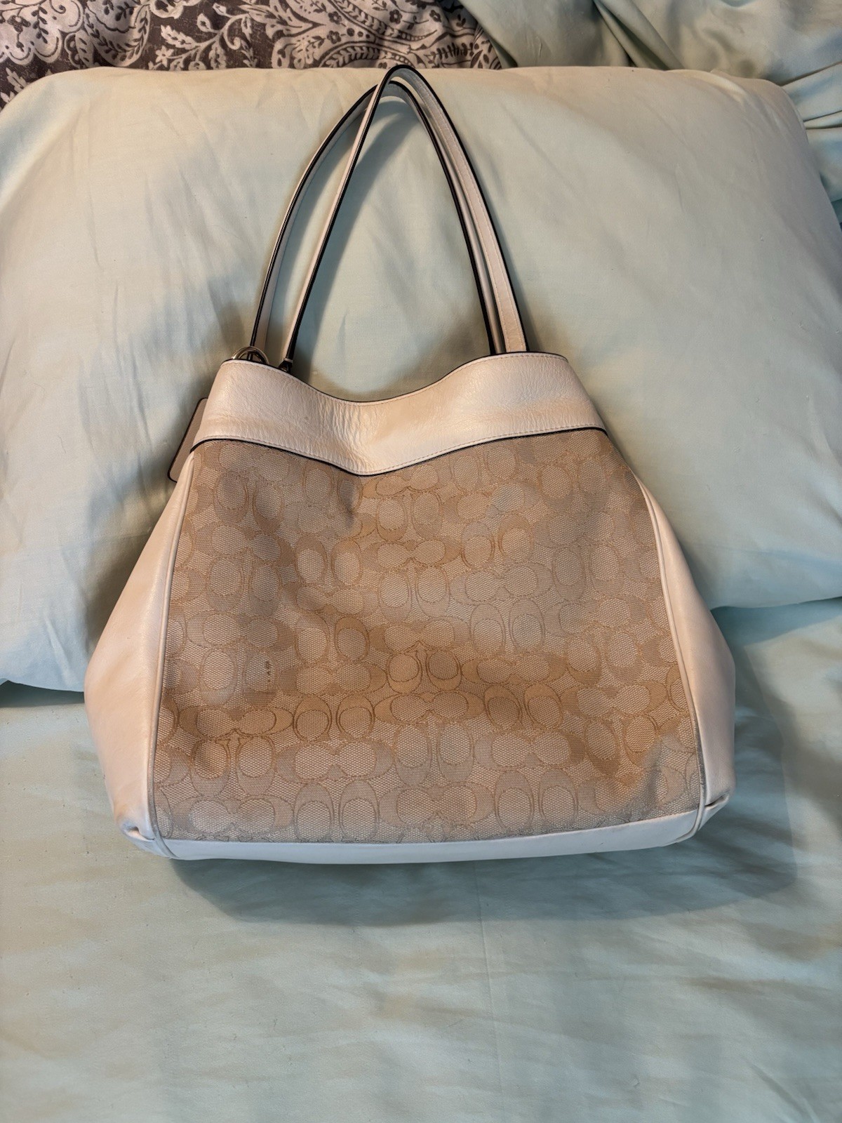 Coach Signature Monogram Shoulder Bag Beige/White Zip, Charm, Silver HW
