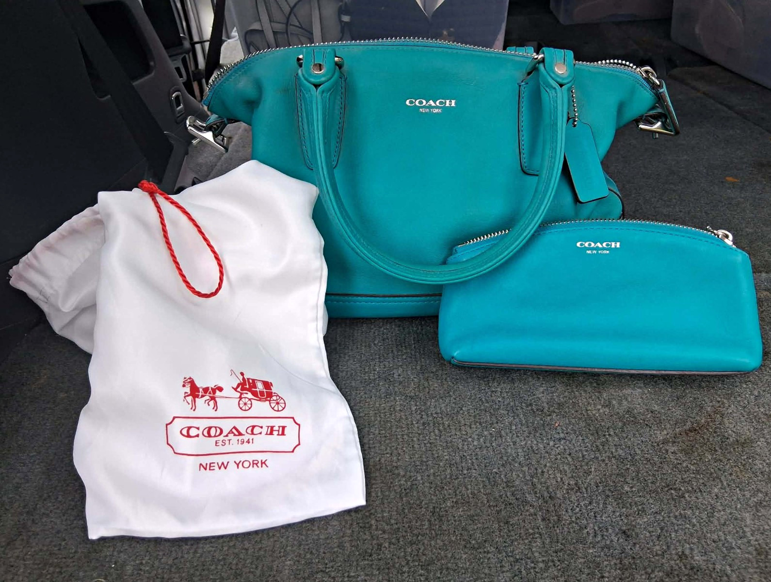 Coach Turquoise Satchel Top Handle Zip Bag w/ Zip Pouch & Dust Bag