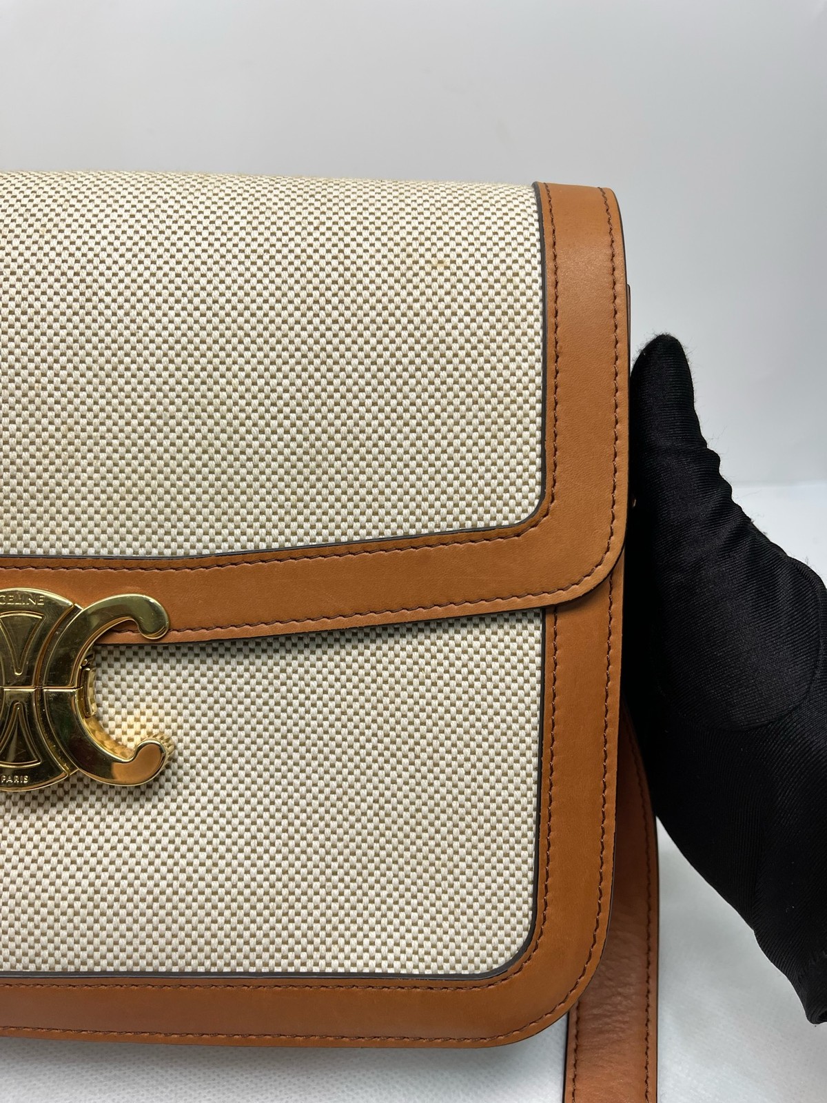 AUTH Celine Triomphe Beige Canvas&Tan Calfskin Crossbody Bag Gold Tone Hardware