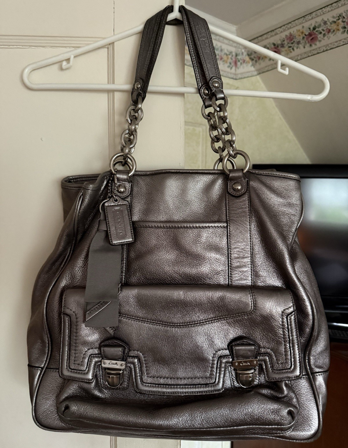 Coach Poppy North South Push-lock Metallic Silver Tote Style 17924