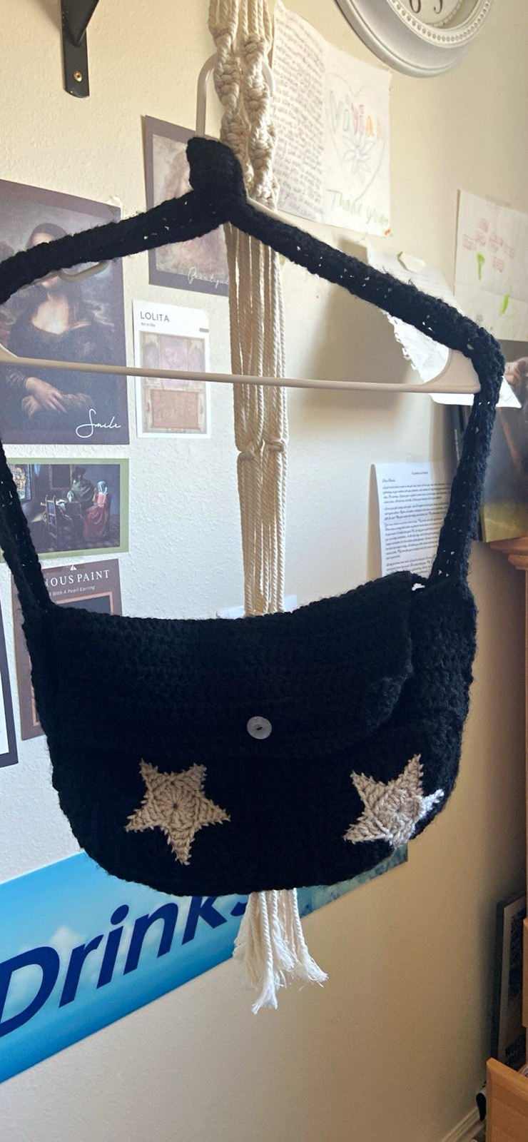 Hand Made Crocheted Black & White Star Messenger Bag, with 2 pockets