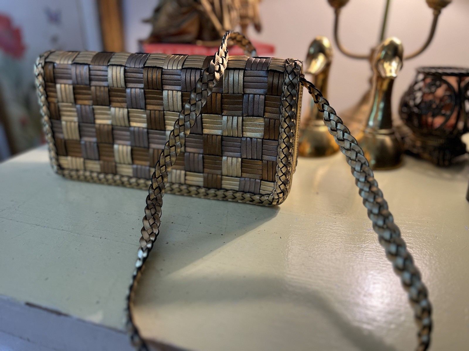 Vintage Old Money CEM Woven Leather Gold Copper Silver Women Purse