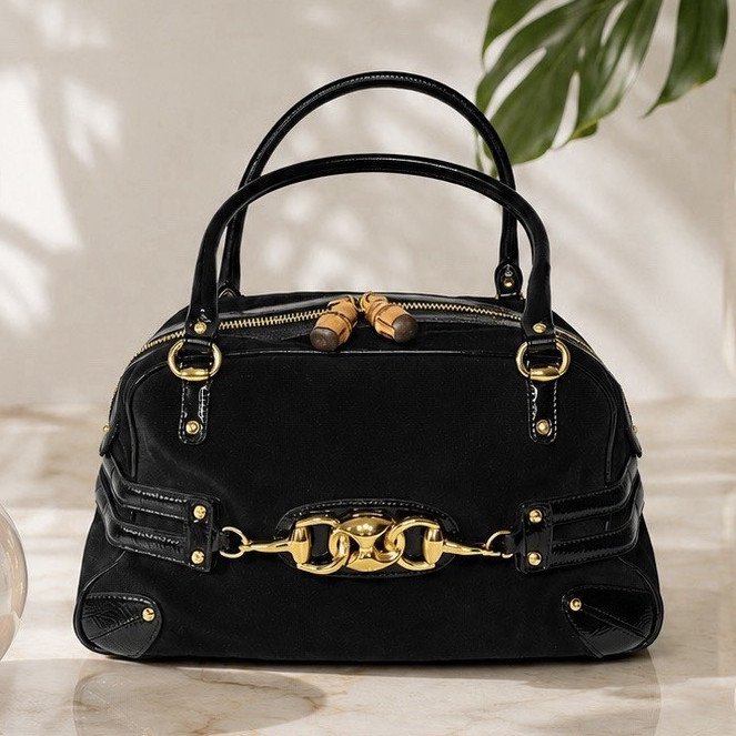 Tom Ford Era Gucci Black Suede Horsebit Satchel Bag with Bamboo Zip Pulls