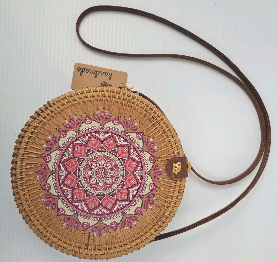 Rattan & Wood Round Purse Crossbody Bag Hand Made Woven Lined Lightweight New