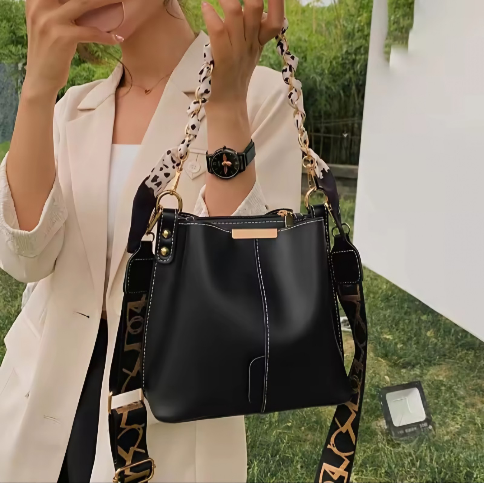 Women’s Beige Bucket Shoulder Bag, Zip, Adjustable Crossbody Strap, Scarf Chain