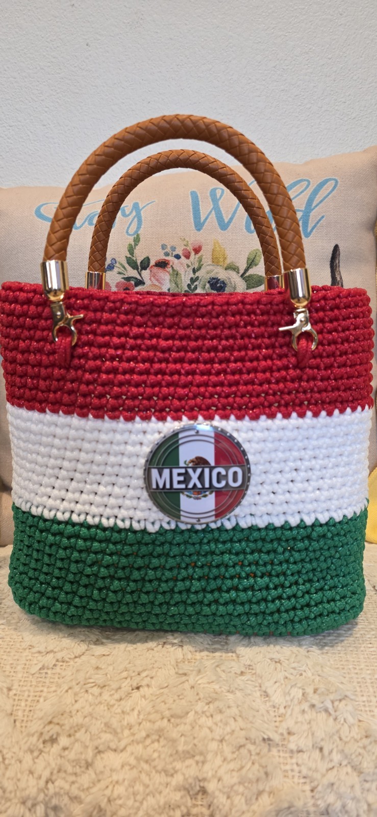 Handcrafted Green, White And Red Crochet Handbag with Mexico Emblem- NWT