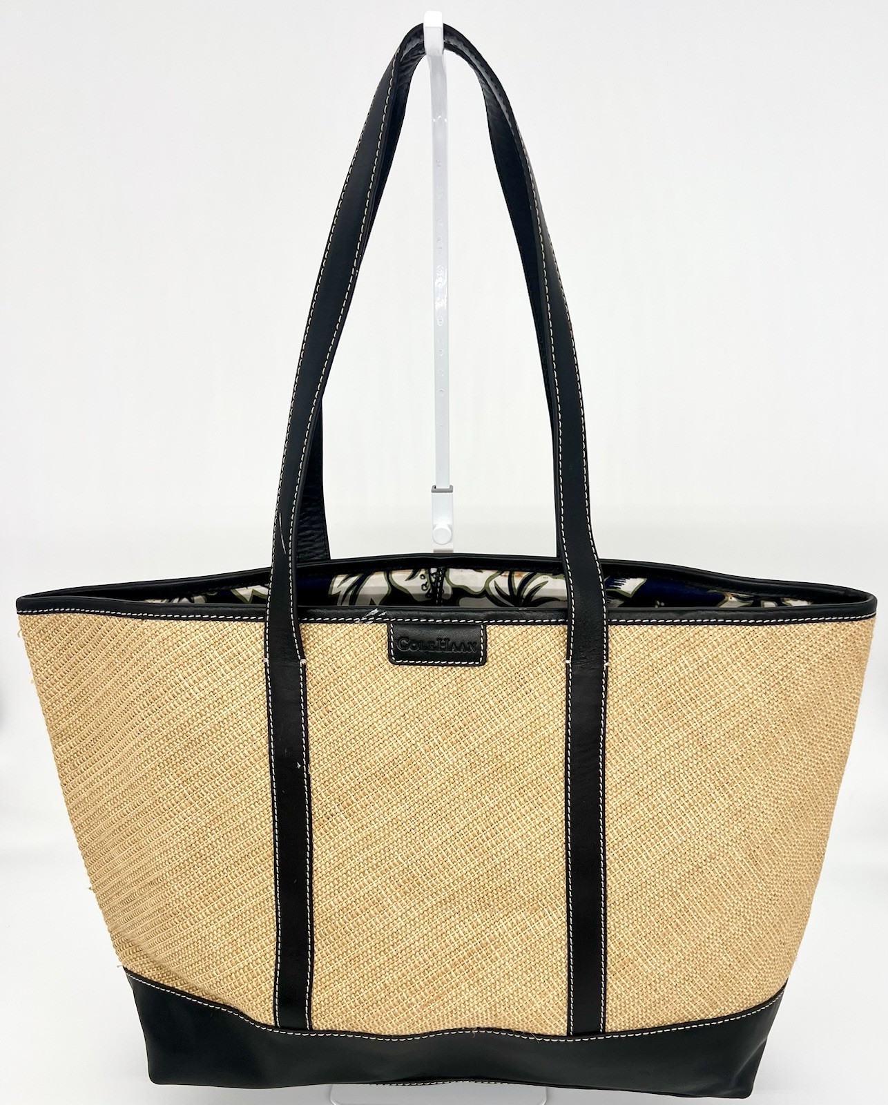Cole Haan Straw Raffia Tote Black Leather Trim Floral Pineapple Lining Pouch