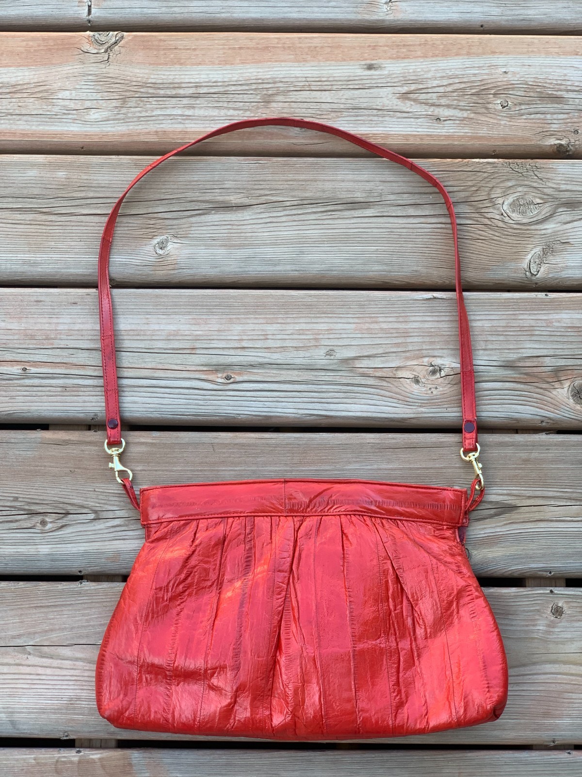 Vintage 80s 90s Red Eel Skin Shoulder Bag Convertible Clutch Purse Retro Handbag