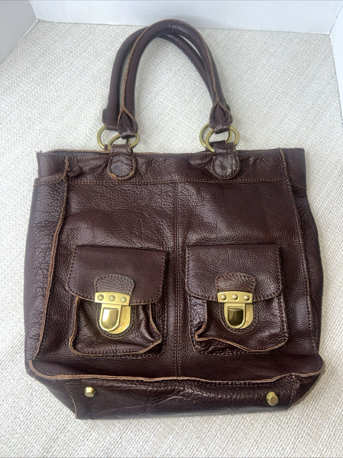 Linea Pelle Collection Brown Pebble Leather Tote Shoulder Bag Double Handle