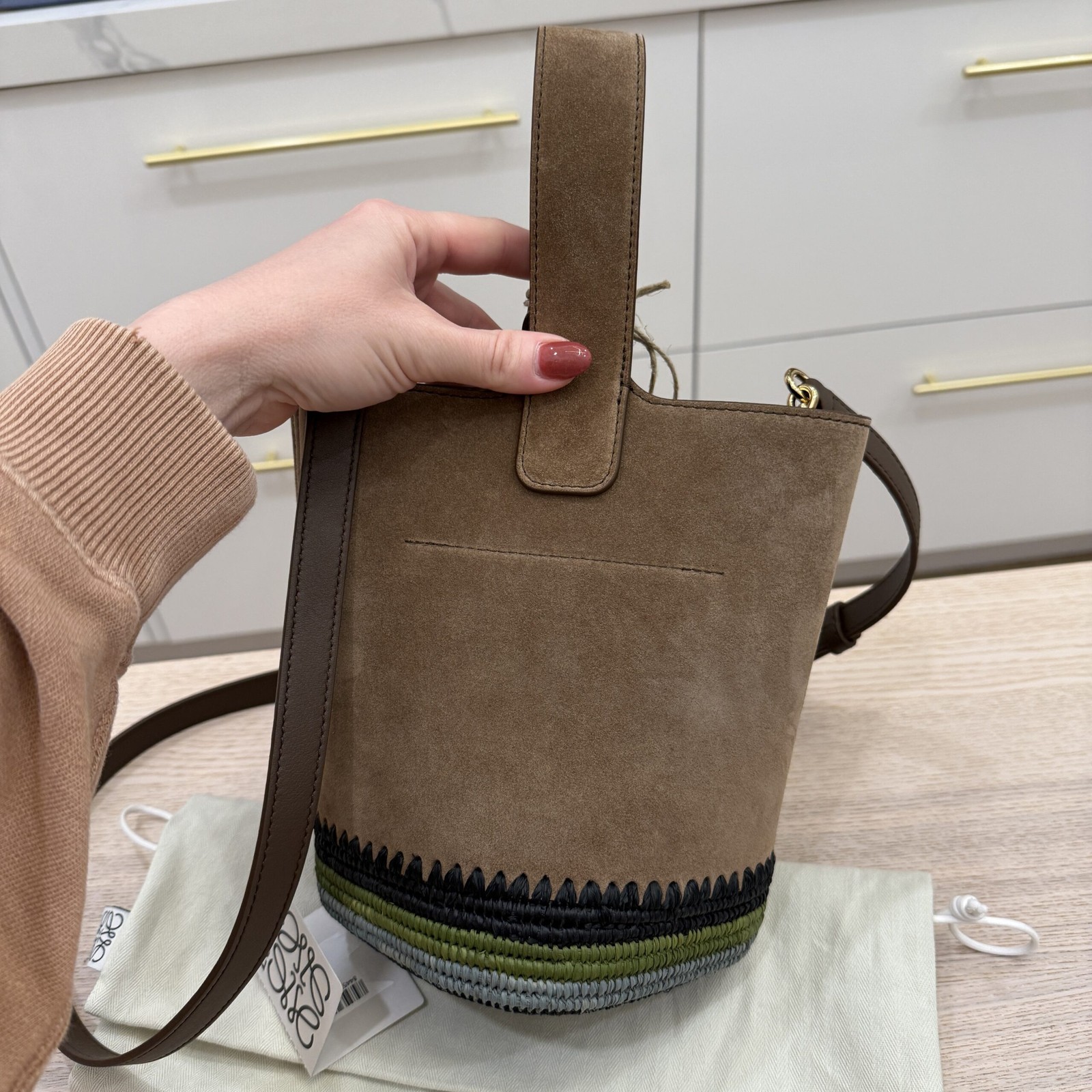 $2,500 BNWT LOEWE x Paula’s Ibiza Mini Pebble Suede & Raffia Bucket Bag