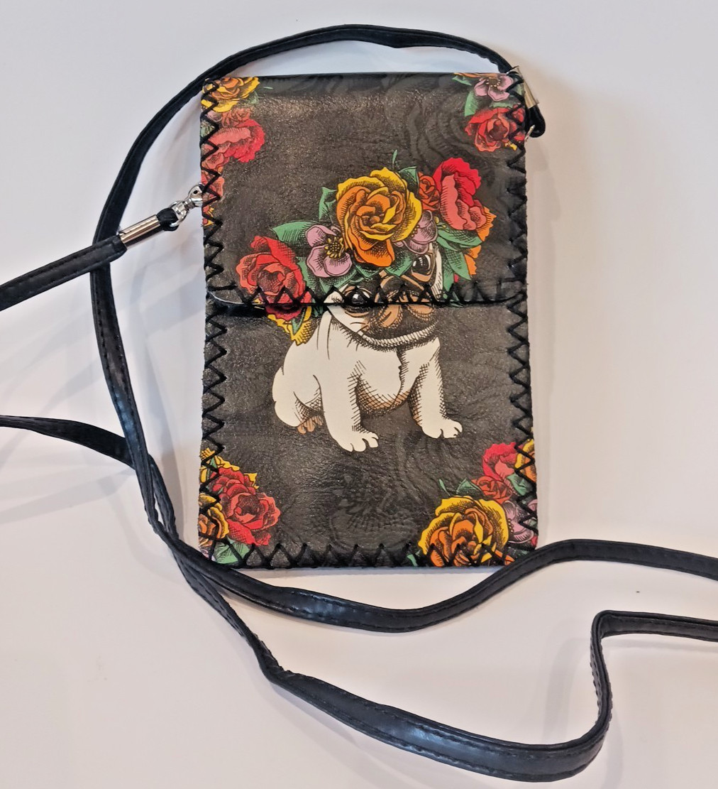 PUG Dog w/ Flowers Crossbody Bag Cell phone Purse Hand Stiched Vegan Leather